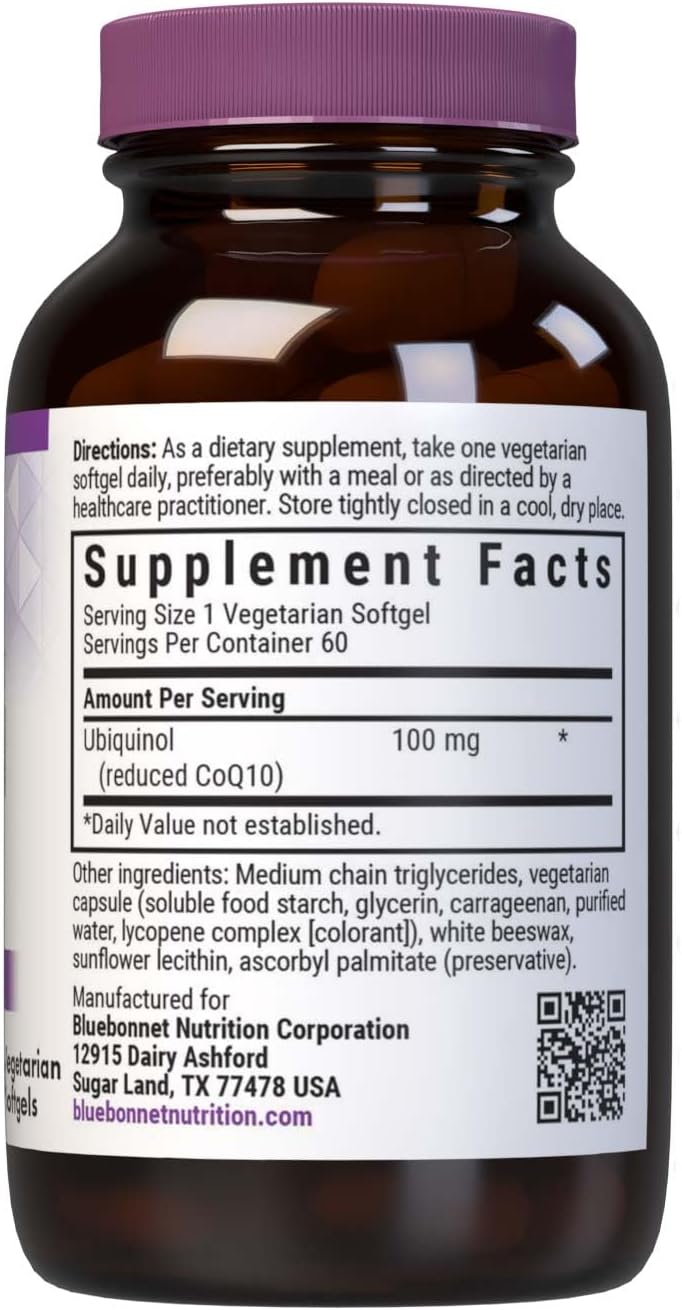 Bluebonnet Ccellular Active CoQ10 Ubiquinol Vegetarian Softgels, 100 mg, Maroon, 60 Count