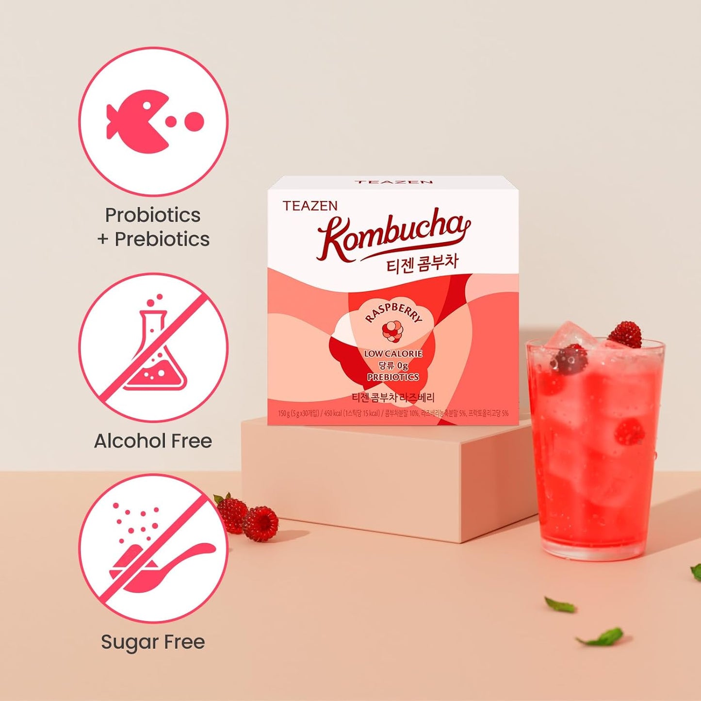 TEAZEN Raspberry Kombucha Tea, Hydration Drink Mix, Sugar Free, Live Probiotics & Prebiotics, 30 Sticks, 5.29oz