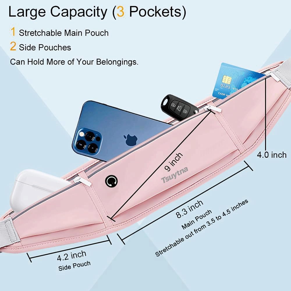 Running Belt for Women & Men - Slim Phone running belt with Water-Resistant Phone Holder, 3 pockets Adjustable Waist Strap, Reflective Safety Design for Running, Hiking, Travel，Fitness (Pink)