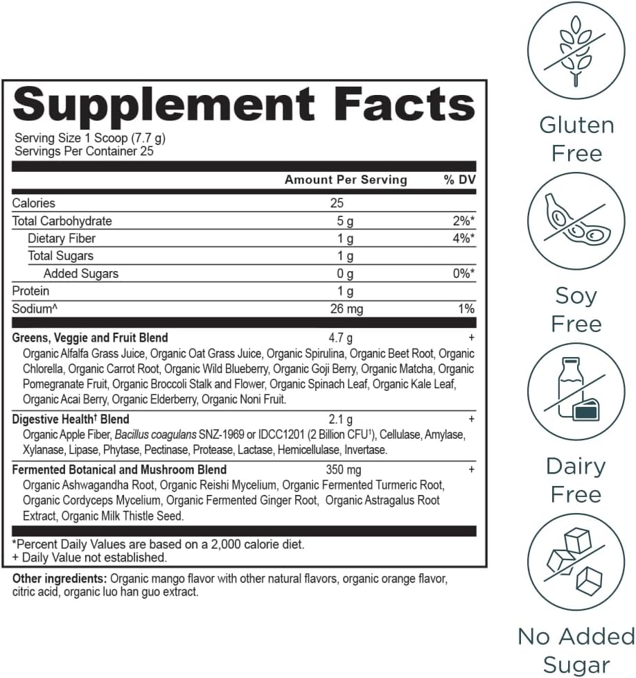 Ancient Nutrition SuperGreens Powder with Probiotics, Organic Mango Flavor Greens, Made from Real Fruits, Vegetables and Herbs, Digestive and Energy Support, 25 Servings, 6.8oz