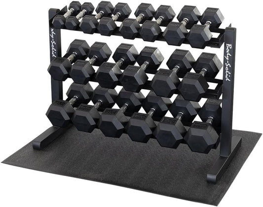 Body-Solid Dumbbell Rack with 20 Rubber 5-50 lb Dumbbells and Floor Mat, Commercial and Home Gym Weight Rack Storage & Organizer Stand, Midnight Black