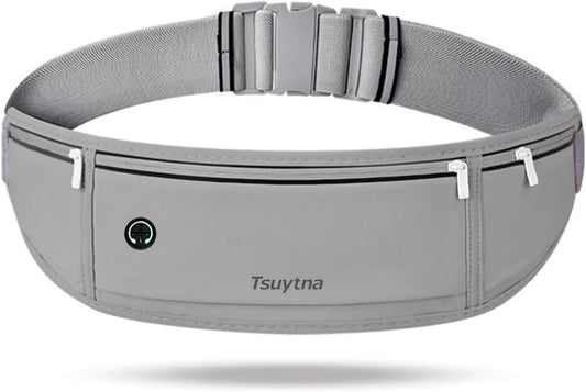 Running Belt for Women & Men - Slim Phone running belt with Water-Resistant Phone Holder, 3 pockets Adjustable Waist Strap, Reflective Safety Design for Running, Hiking, Travel，Fitness (Grey)