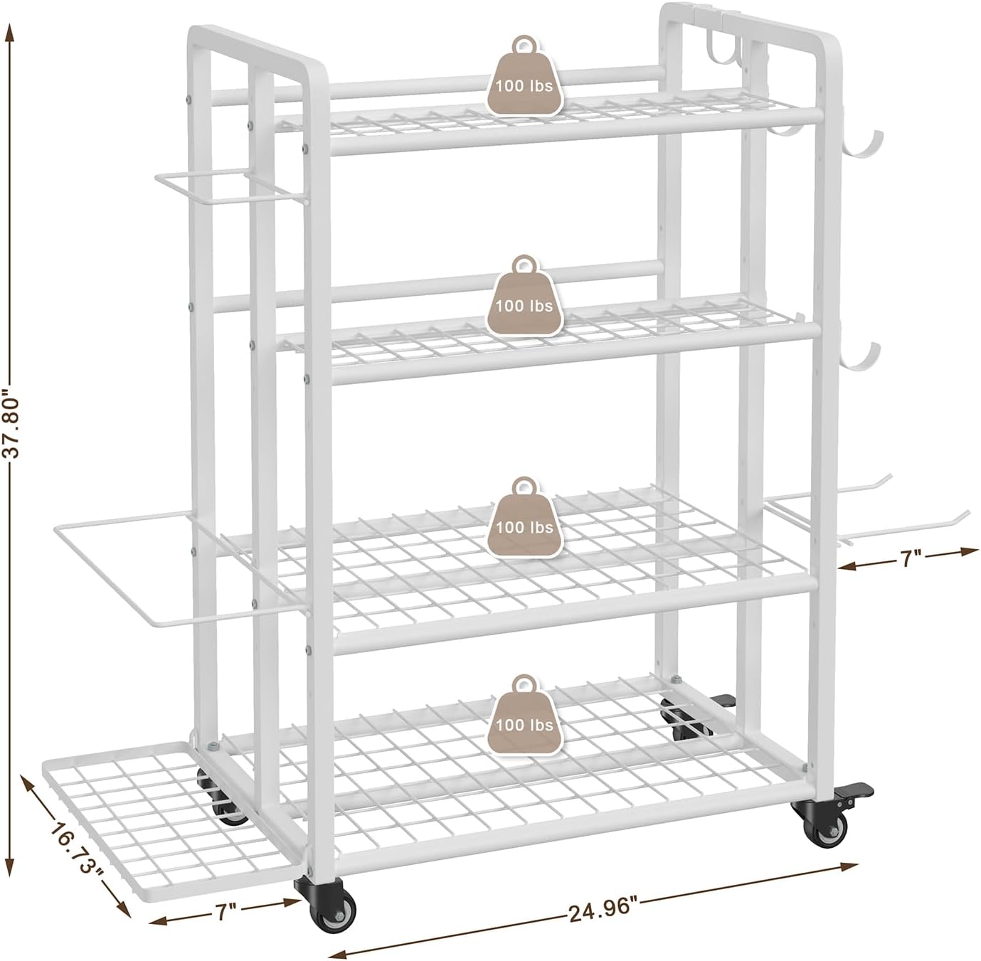 4-Tier Dumbbell Rack Stand Only, Adjustable Weight Rack for Dumbbells Kettlebells Yoga Mat, Home Gym Storage Rack with Wheels and Hooks, Powder Coated Finish