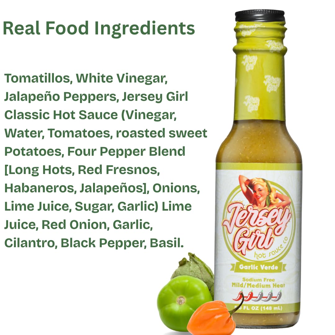 Jersey Girl Hot Sauce - Garlic Verde - No Added Salt - Naturally Sodium Free – All-Natural Healthy Ingredients with Hand-Picked Habaneros & Jalapeno Peppers - Mild/Medium Heat