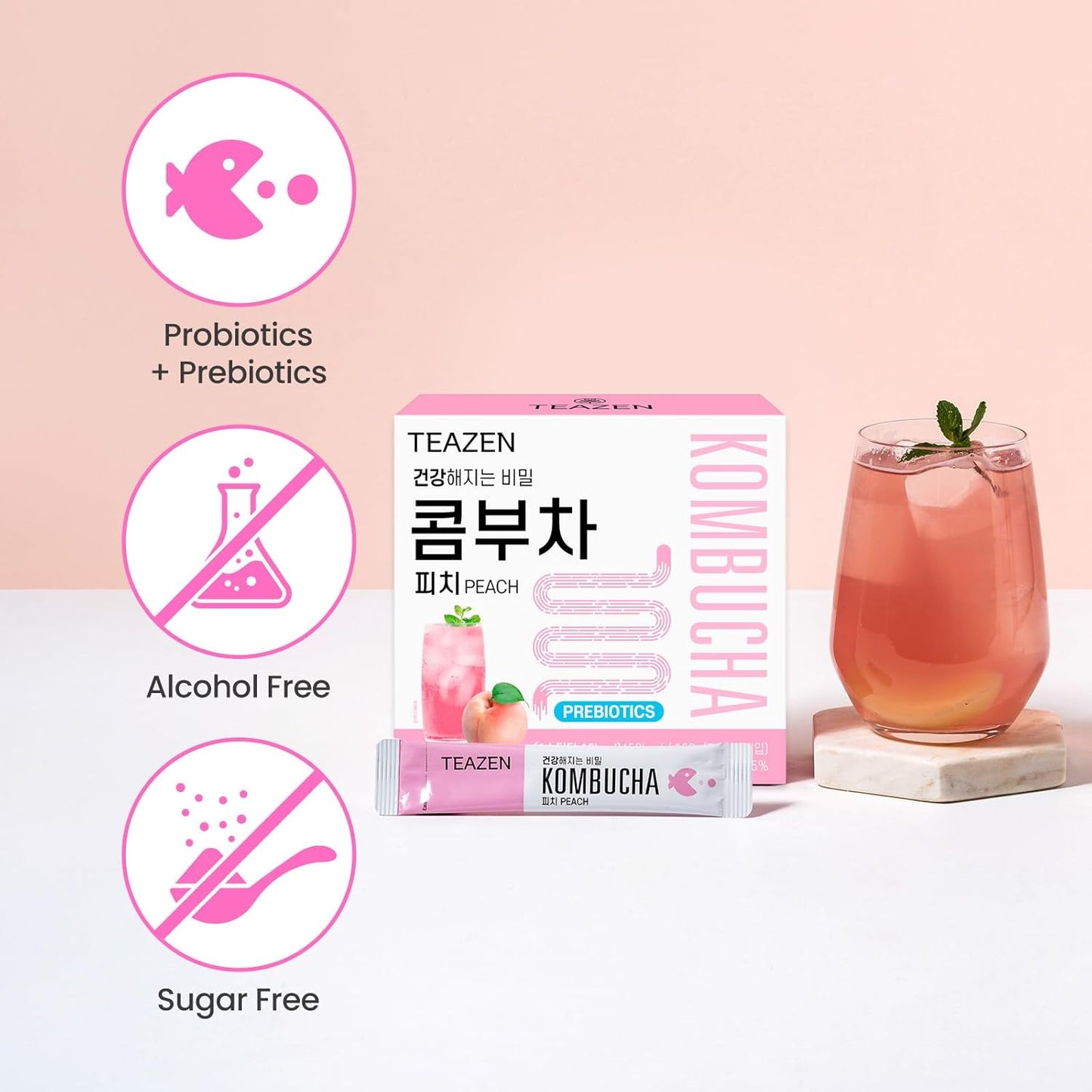 TEAZEN Peach Kombucha Tea, Hydration Drink Mix, Sugar Free, Live Probiotics & Prebiotics, 30 Sticks, 5.29oz