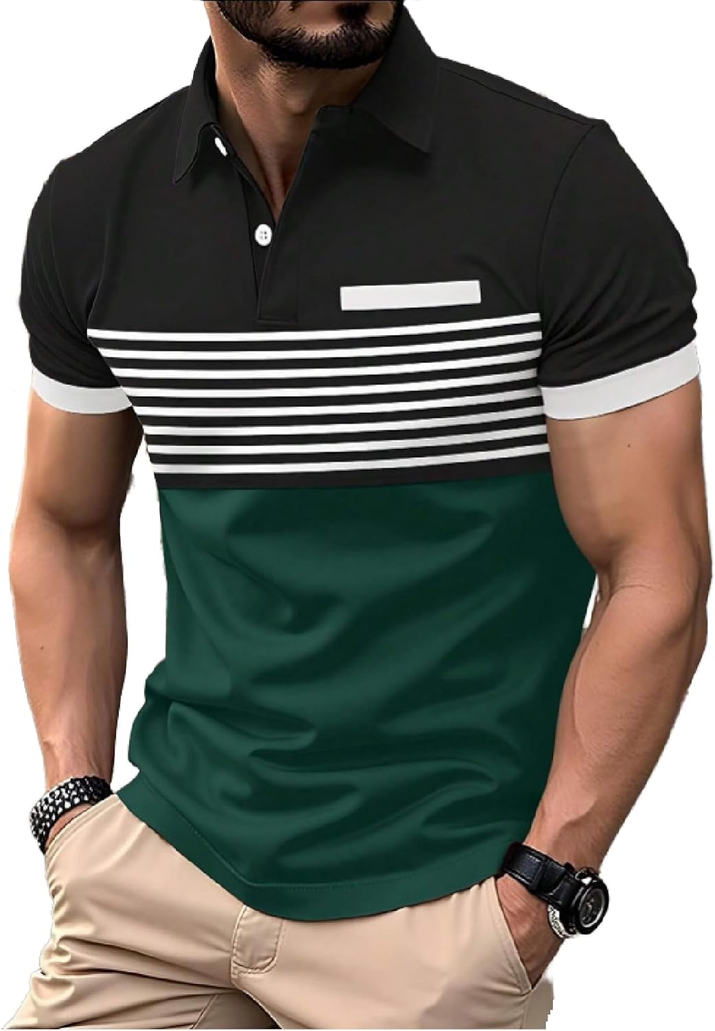 Men's Casual Polo Shirts Short Sleeve Fashion Golf Shirt Classic Striped Slim Fit T-Shirts