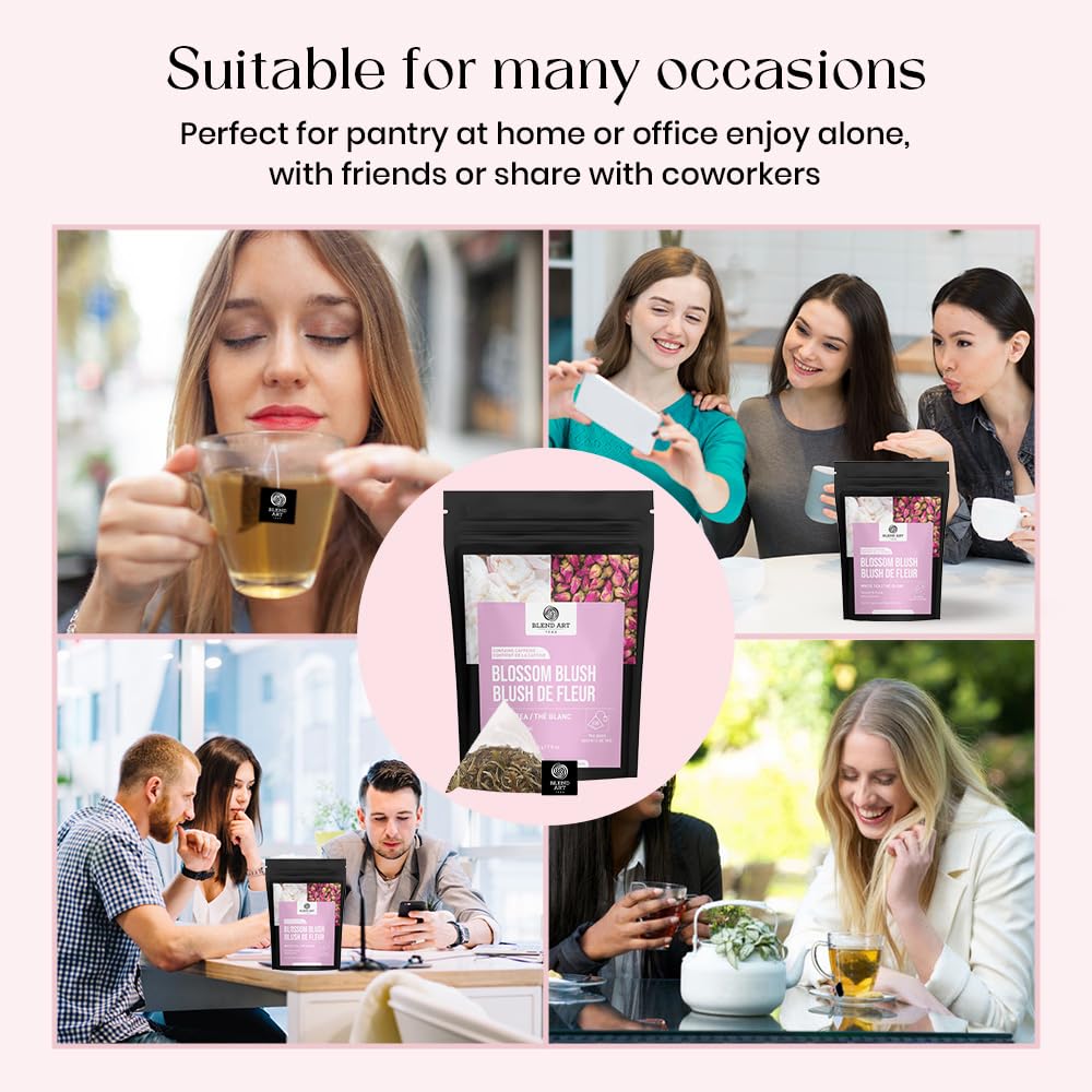 Blendart Blossom Blush Rose White Tea Bags Delicate Caffeinated Tea Made from Fresh Leaves. Natural Premium White Tea Bags -100 Pyramid Tea Bags