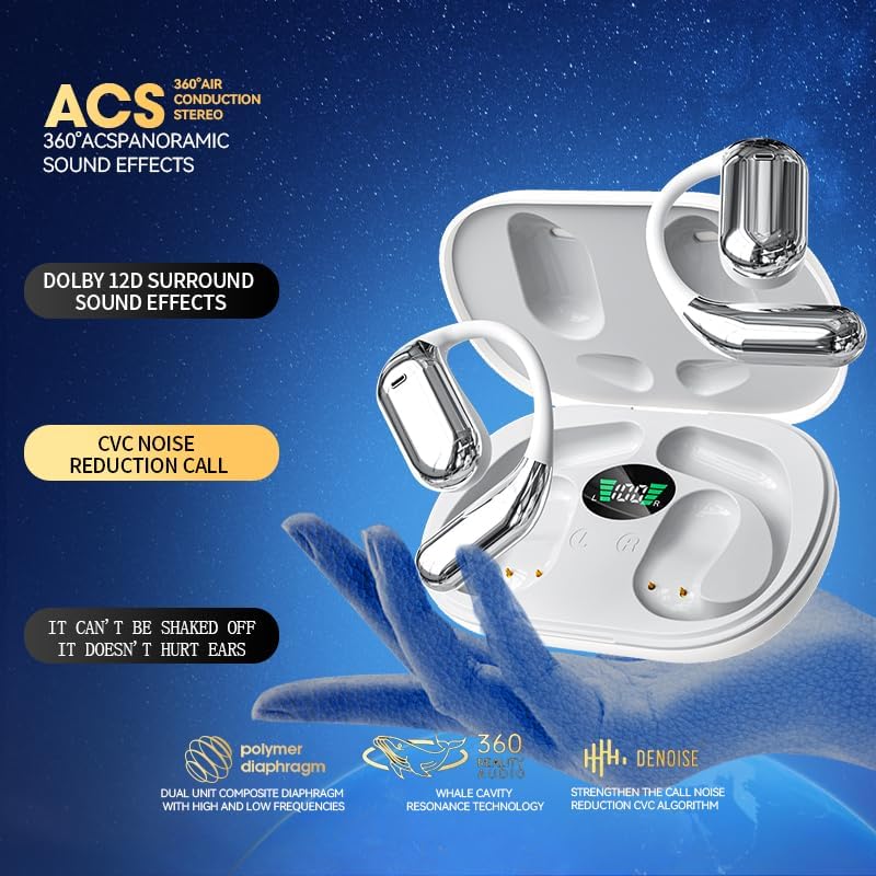 Wireless Earbuds Bluetooth Earbuds Built-in Mic with Ear Hooks 50H Playtime Ear Buds LED Display Charging Case Waterproof Design for Running Fitness (White)