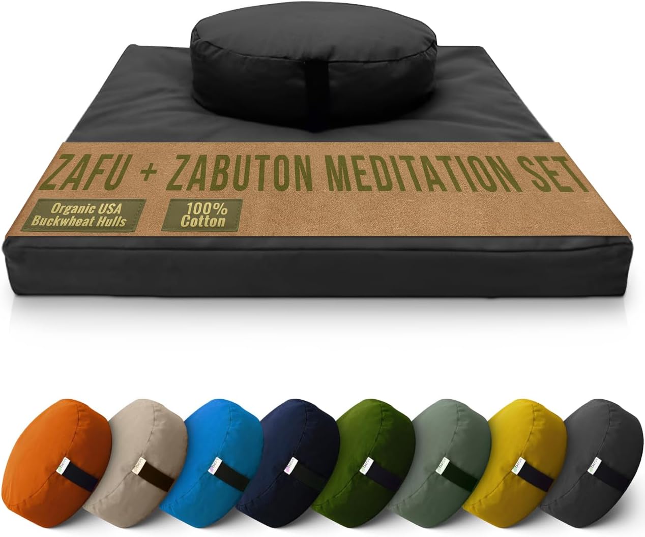 Bean Products Meditation Cushion Mat Set - Zafu Floor Pillow Organic Buckwheat Pillow + Cotton Filled Zabuton Prayer Pad - Meditation Pillow Yoga Knee Pad - Made in USA - 14" Round or 18" Oval
