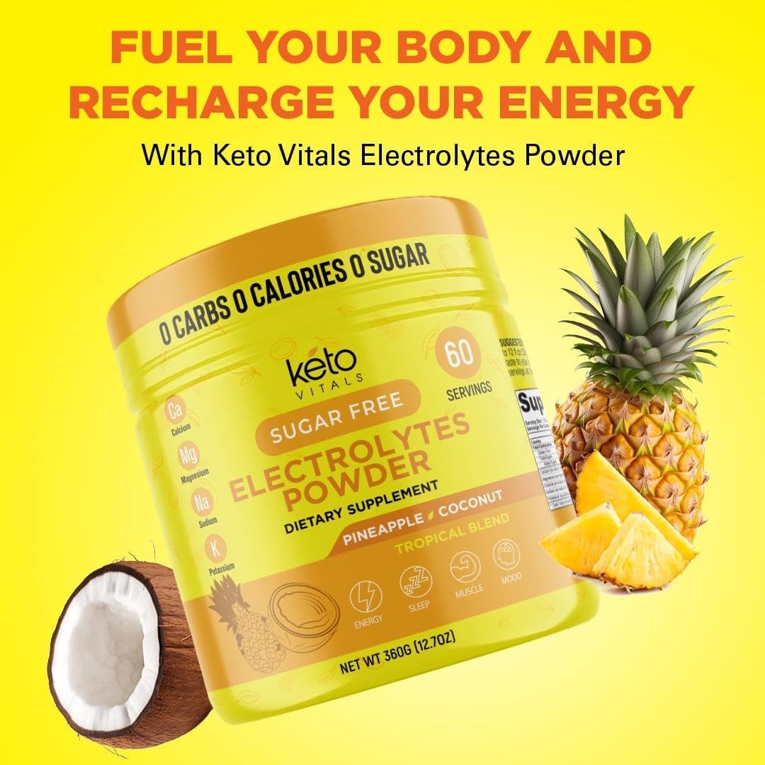 Keto Vitals Electrolytes Powder - Sugar Free Keto Electrolytes Powder with Potassium, Magnesium, Sodium, & Calcium - No Sugar Electrolyte Drink Mix & Hydration Powder, 60 Servings, Pineapple Coconut
