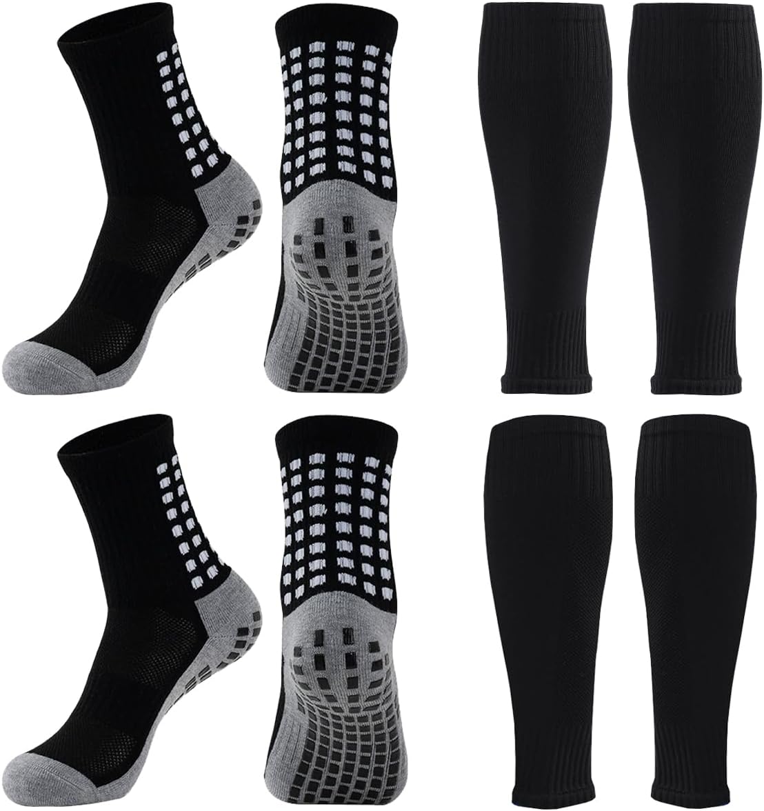 2 Set Anti-Slip Grip Soccer Socks with Shin Guard Sleeves, Sports Athletic Socks for Men Women