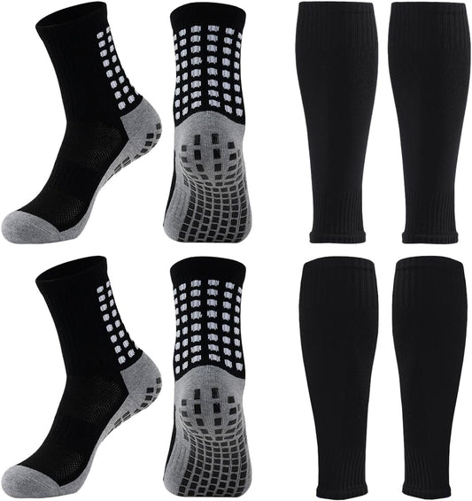 2 Set Anti-Slip Grip Soccer Socks with Shin Guard Sleeves, Sports Athletic Socks for Men Women
