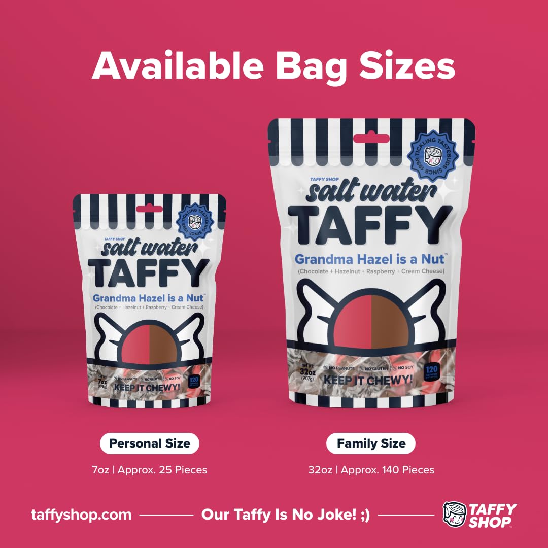 Taffy Shop Grandma Hazel is a Nut, Chocolate Hazelnut Raspberry Cream Cheese Salt Water Taffy Gourmet Soft Chewy Candy, Bulk Sweet Snack & Gluten-Free, 35 Individually Wrapped Pieces (7oz)
