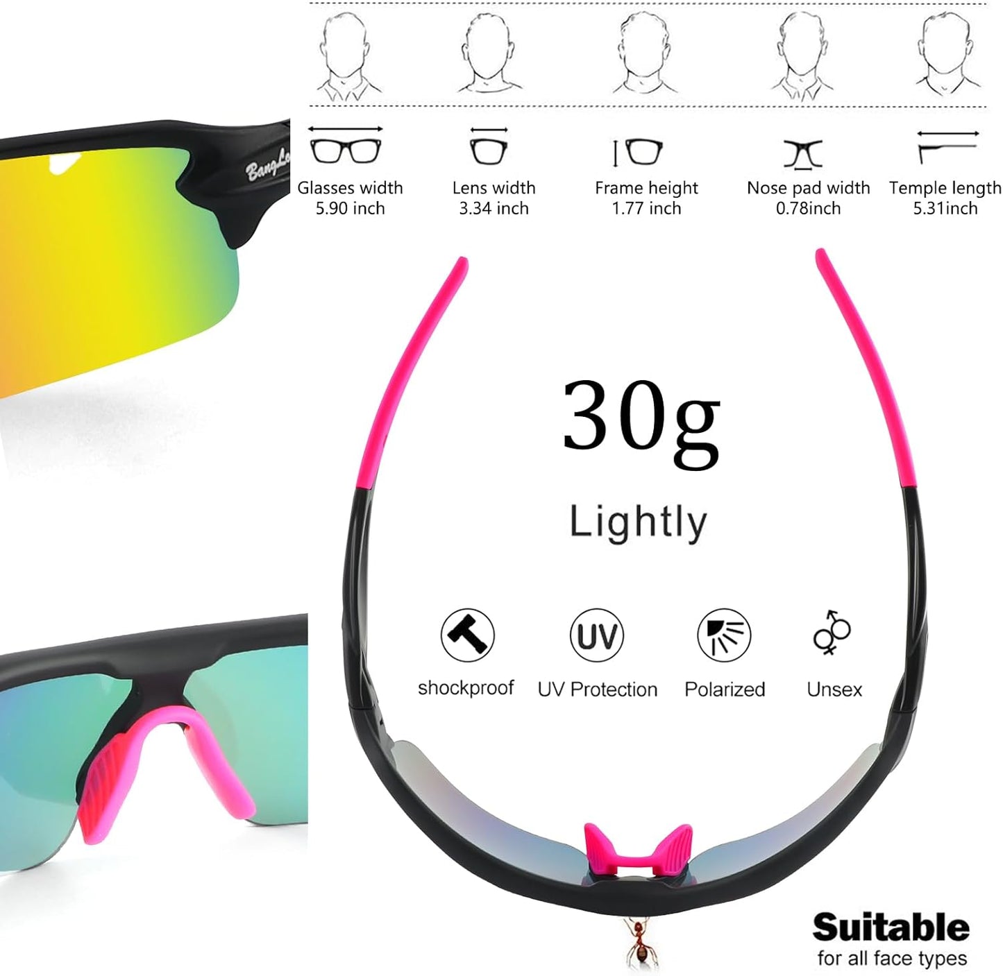 BangLong Polarized Sports Sunglasses Cycling Sun Glasses for Men Women with 5 Interchangeable Lenes for Running Baseball Golf