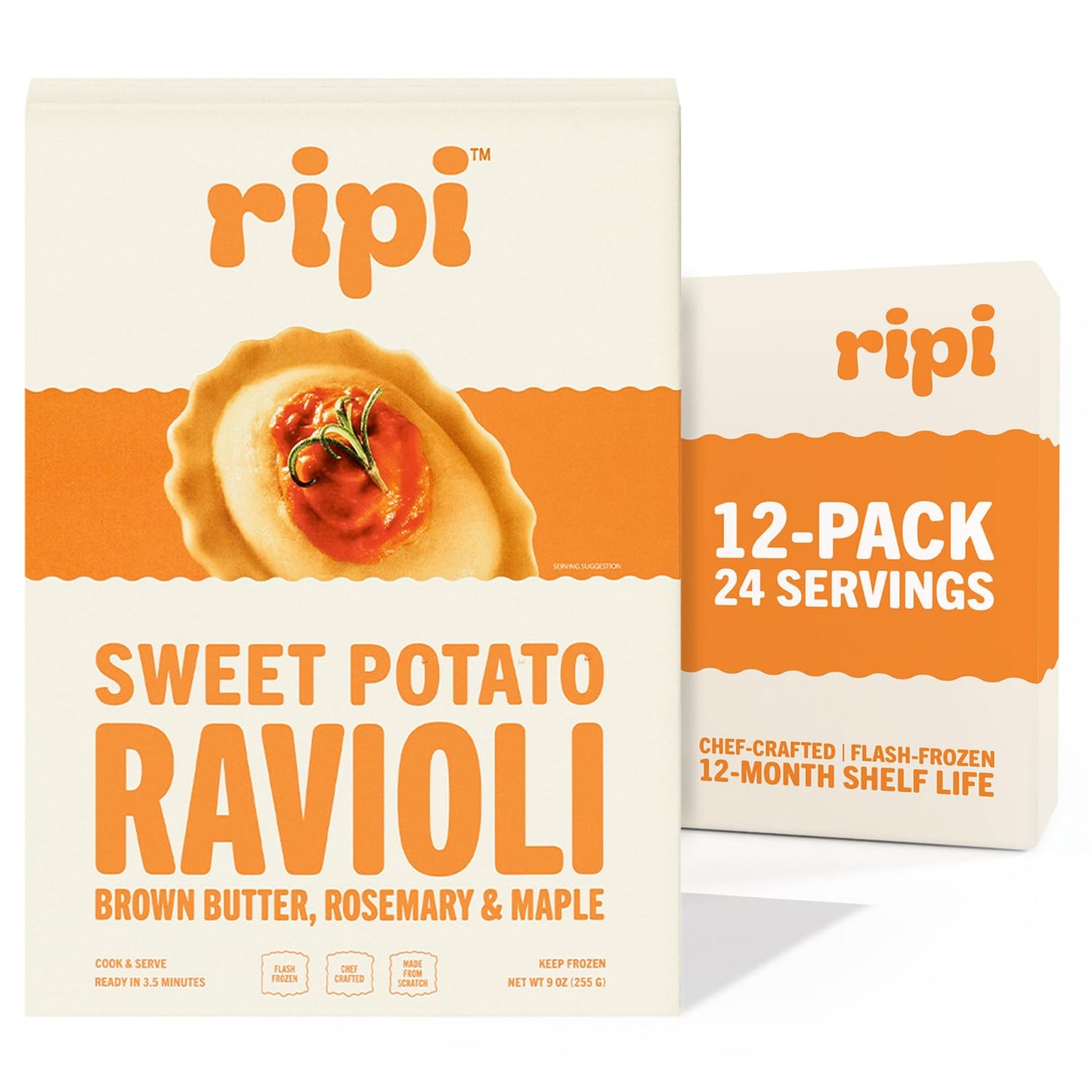 Ripi Sweet Potato Ravioli - Brown Butter, Rosemary & Maple - Frozen Pasta Meal - Ready in Under 5 Minutes, 9oz packs (12 Pack, Sweet Potato)