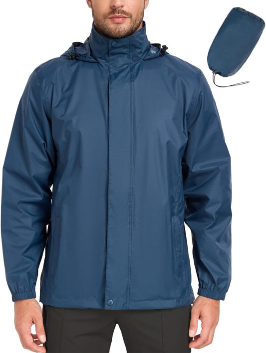MANSDOUR Men's Packable Rain Jacket Waterproof Lightweight Windbreaker Cycling Golf Hiking Reflective Raincoat with Hood