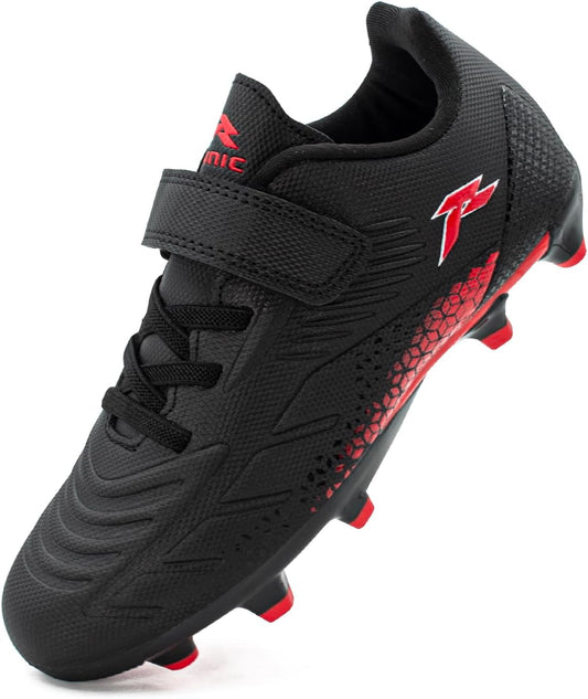 RUNIC Kids Soccer Cleats for Boys and Girls - Small and Big Kid Athletic Outdoor Football Shoes - Firm Ground - Hook and Loop Closure - Black/Gold