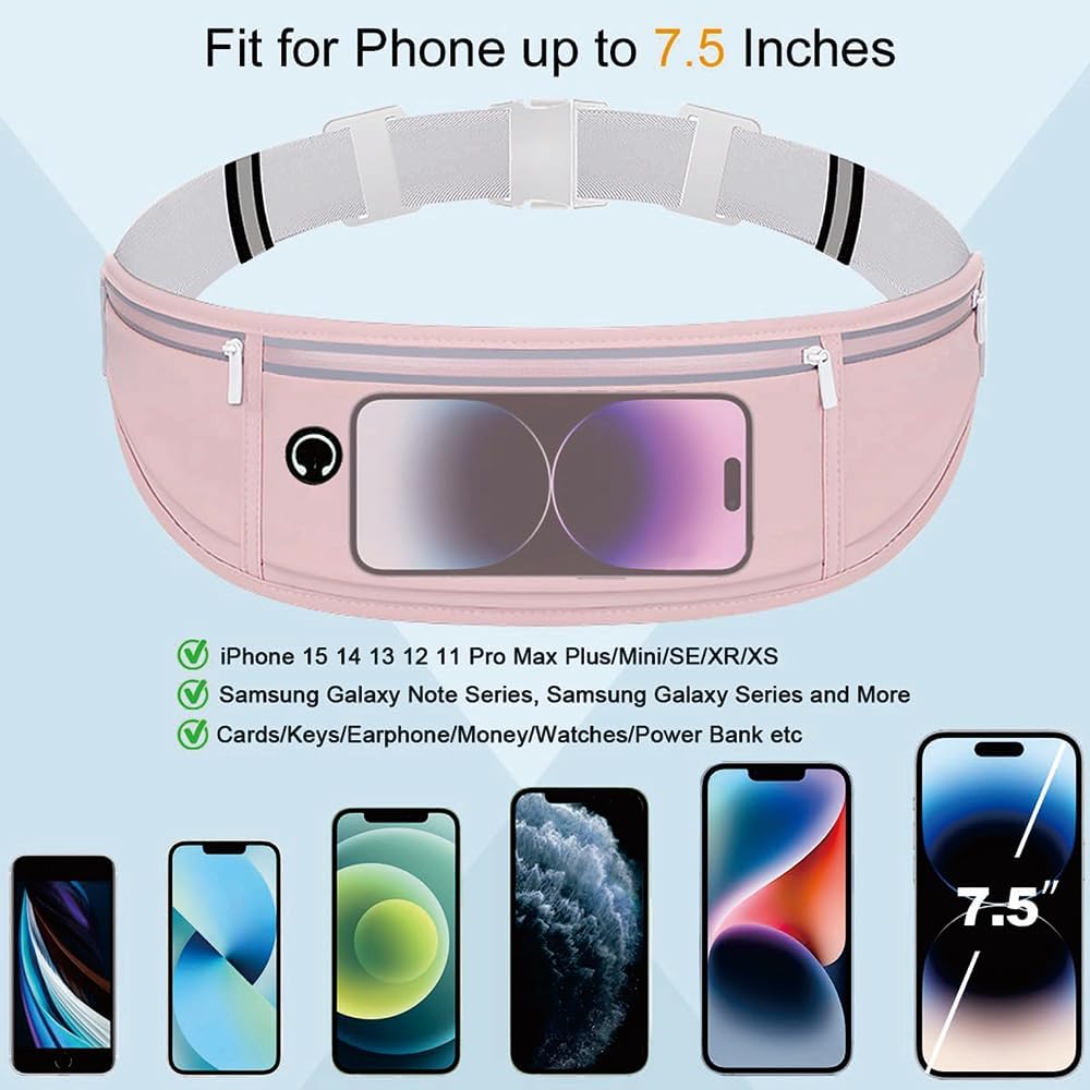 Running Belt for Women & Men - Slim Phone running belt with Water-Resistant Phone Holder, 3 pockets Adjustable Waist Strap, Reflective Safety Design for Running, Hiking, Travel，Fitness (Pink)