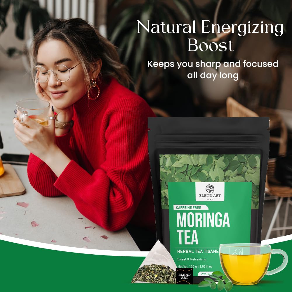 Blendart Moringa Tea Bags (50 Count) Caffeine Free, Pure Moringa Leaves | Sweet and Light Herbal Tea Bags,