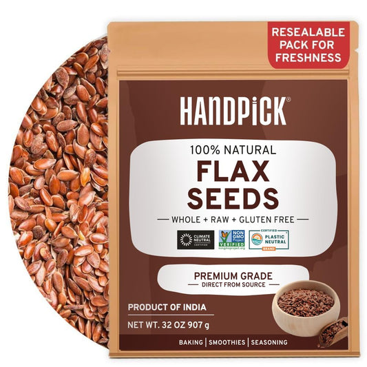 HANDPICK Flax Seed (2 lb) | Gluten Free Brown Seeds | Raw Seeds Sourced from India | Grinds easily, Gels perfectly | Resealable Zip Lock Pouch