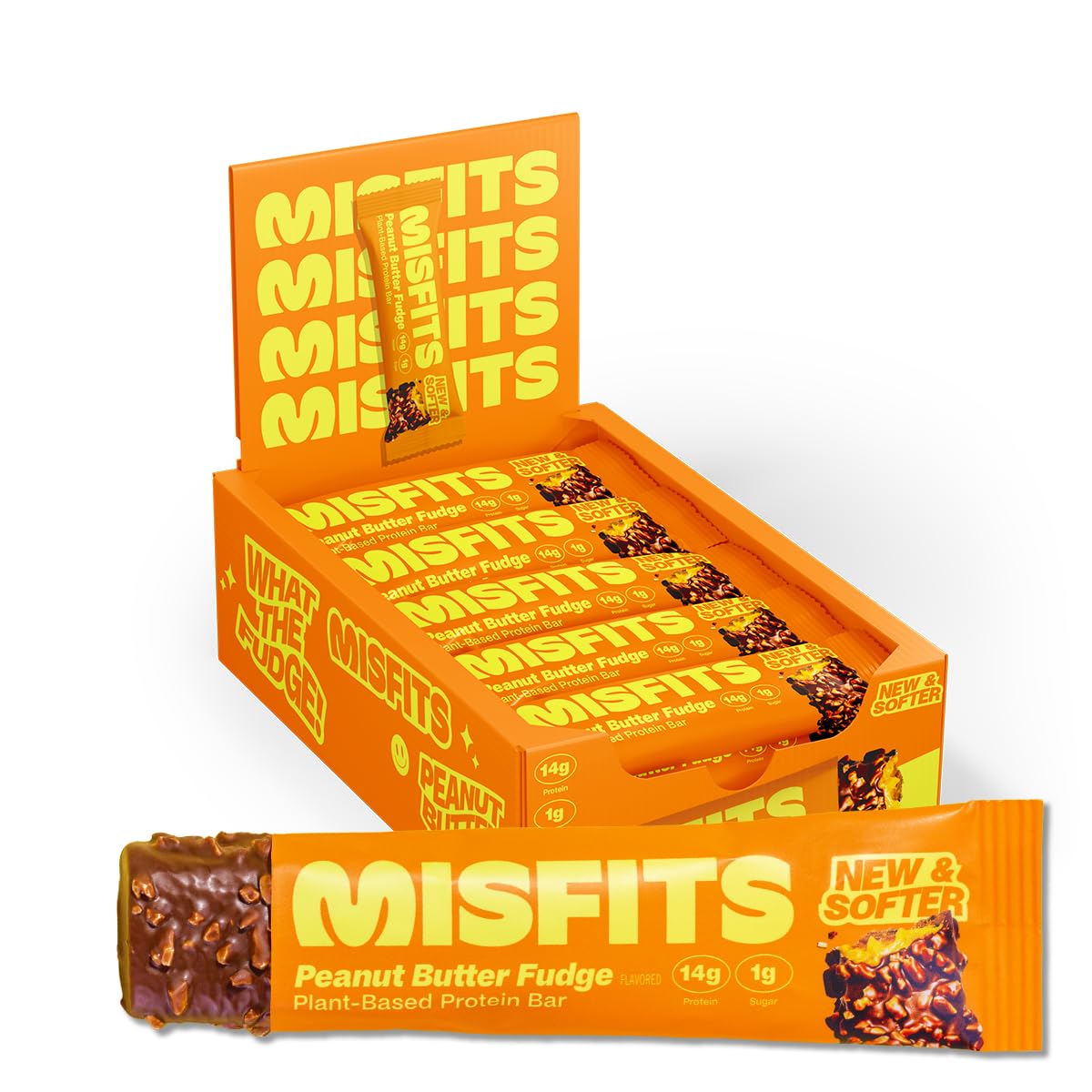 Misfits Vegan Protein Bars, Peanut Butter Fudge - Updated Recipe | Plant Based, Low Sugar & Carb, High Fiber Snacks | Pack of 15