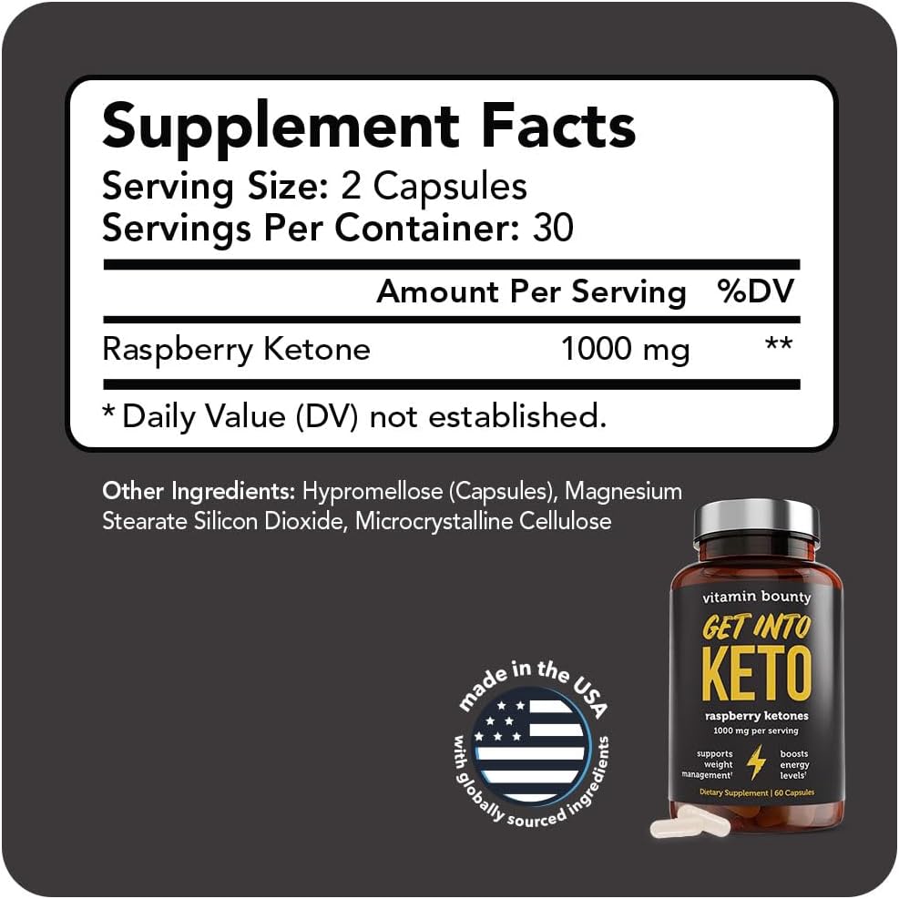 Vitamin Bounty Premium Raspberry Ketones Supplement - Keto Pills for Weight Loss - Promotes Ketosis & Metabolism Support - Keto Diet Aid - Energy Boost for Women & Men - 60 Capsules