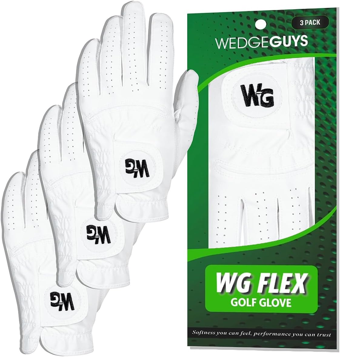 Wedge Guys Flex Premium Cabretta Leather Golf Gloves for Men w/Stretchy & Durable Microfit Spandex Back for Extra Comfort & Superior Grip in All Weather Conditions | Left Hand Mens Golf Gloves 3-Pack
