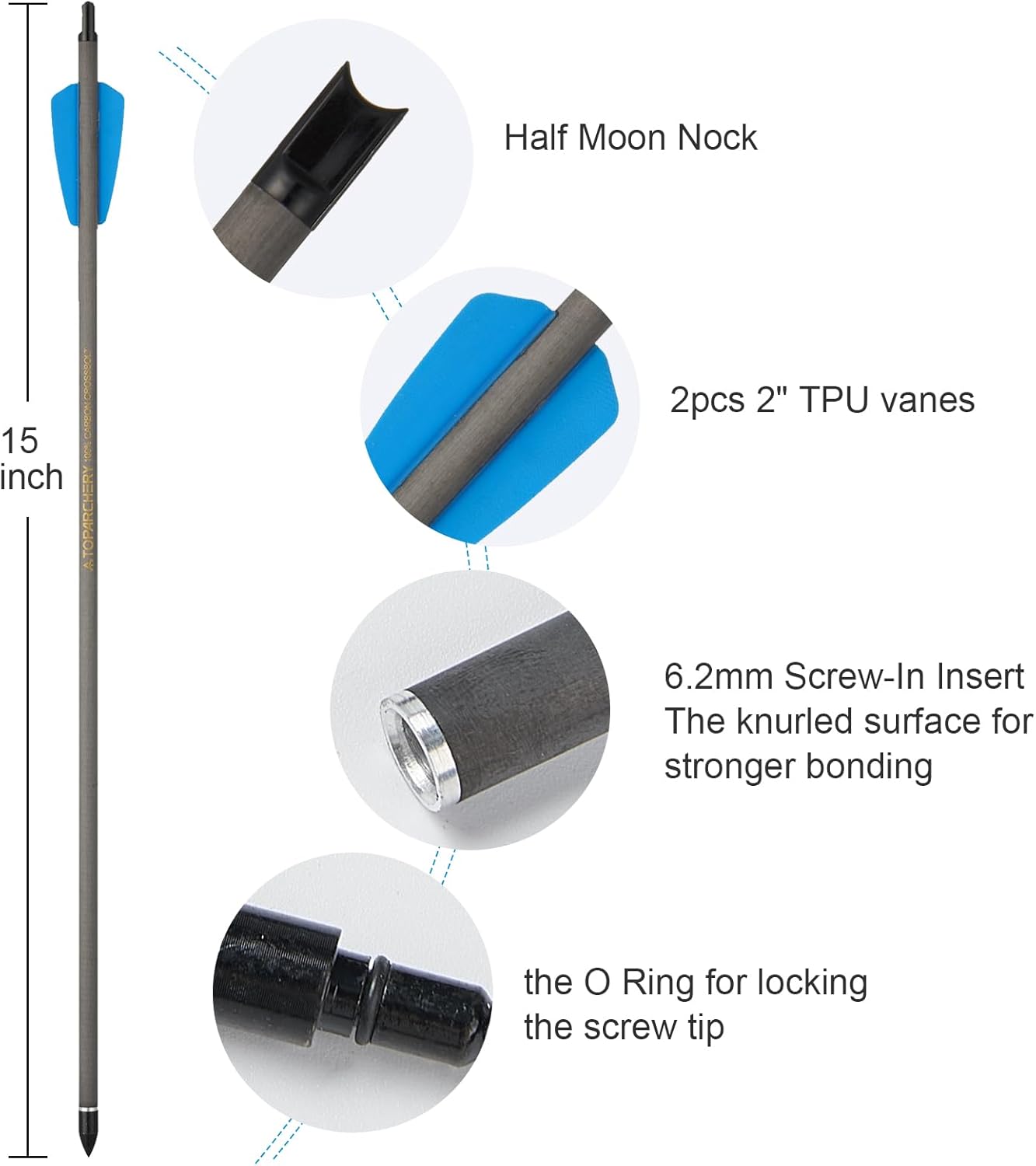 Crossbow Bolts 15 Inch Archery Carbon Crossbow Arrows with Moon Nocks Hunting Archery Arrows（12pcs