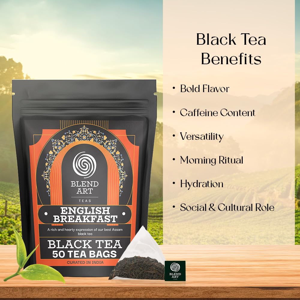 Blendart English Breakfast Black Tea Bags 50 Count Premium Whole Loose Leaf Caffeinated, Smooth, Flavour Robust Black Pyramid Tea Bags Long leaf Tea bags| Strong Robust British Tea