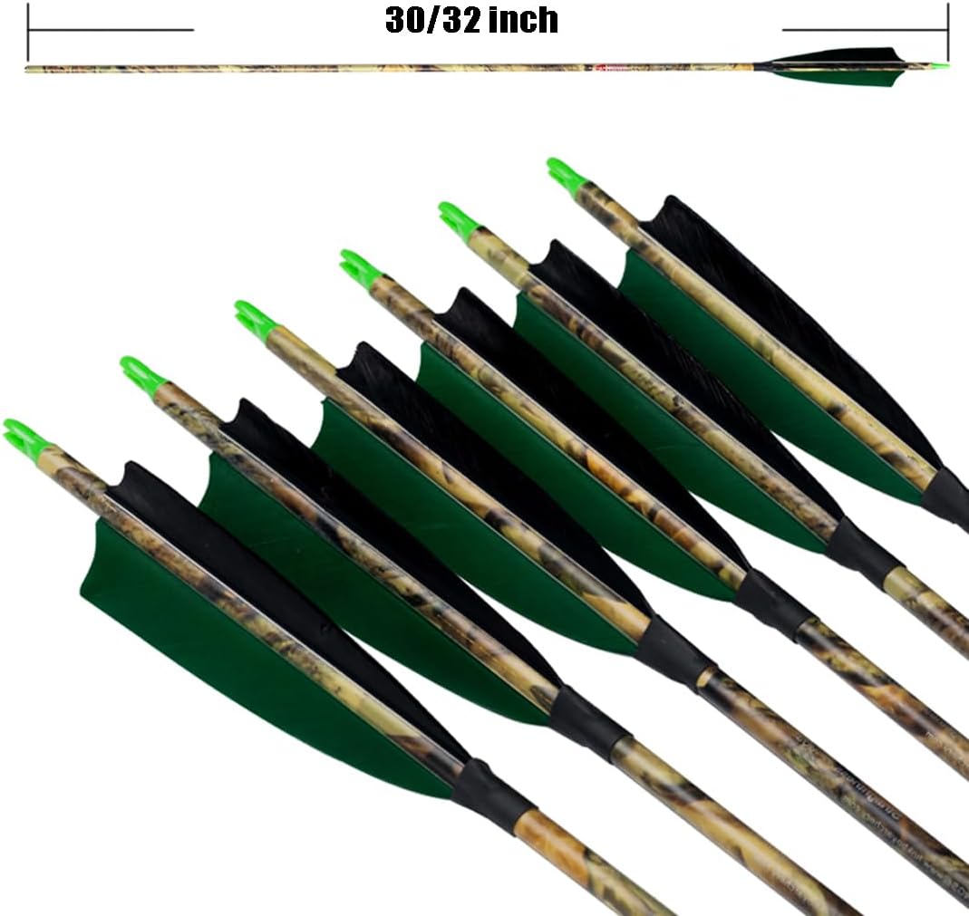 Archery 30" 32" 400 500 Spine Carbon Hunting Arrows Turkey Feather for Compound Recurve Bow Longbow Practice Target Camo Arrow Pack of 12PCS