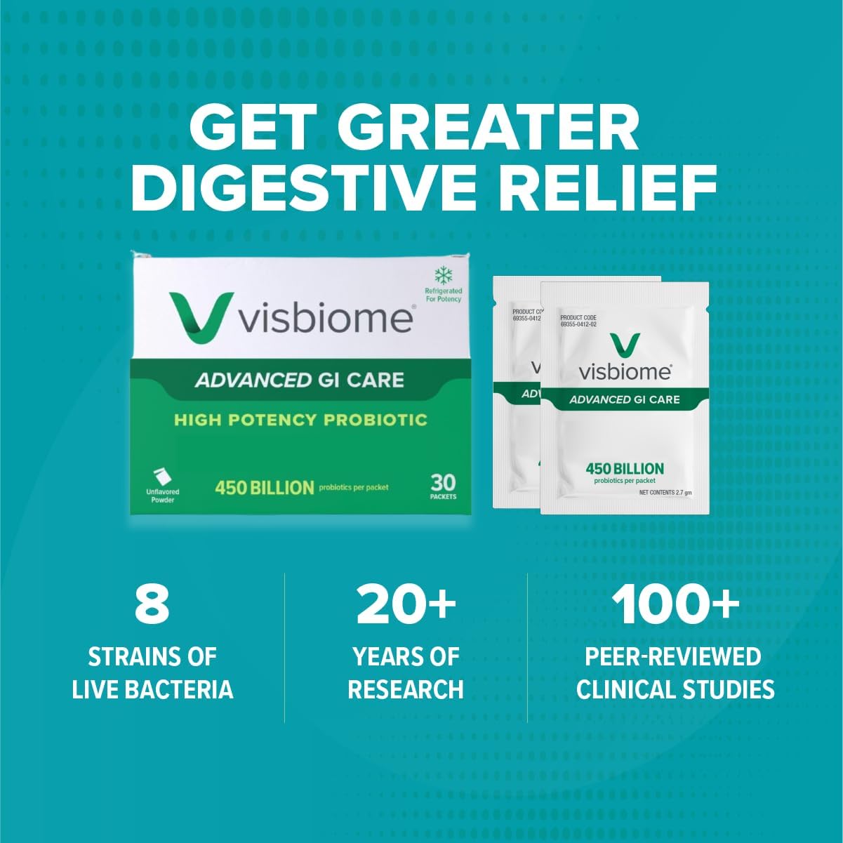 Visbiome® Advanced GI Care - High Potency Probiotic 450 Billion Strength - 30 Packets Unflavored Powder - Original De Simone Formulation - Shipped Cold in Recyclable Cooler with Temperature Monitor.