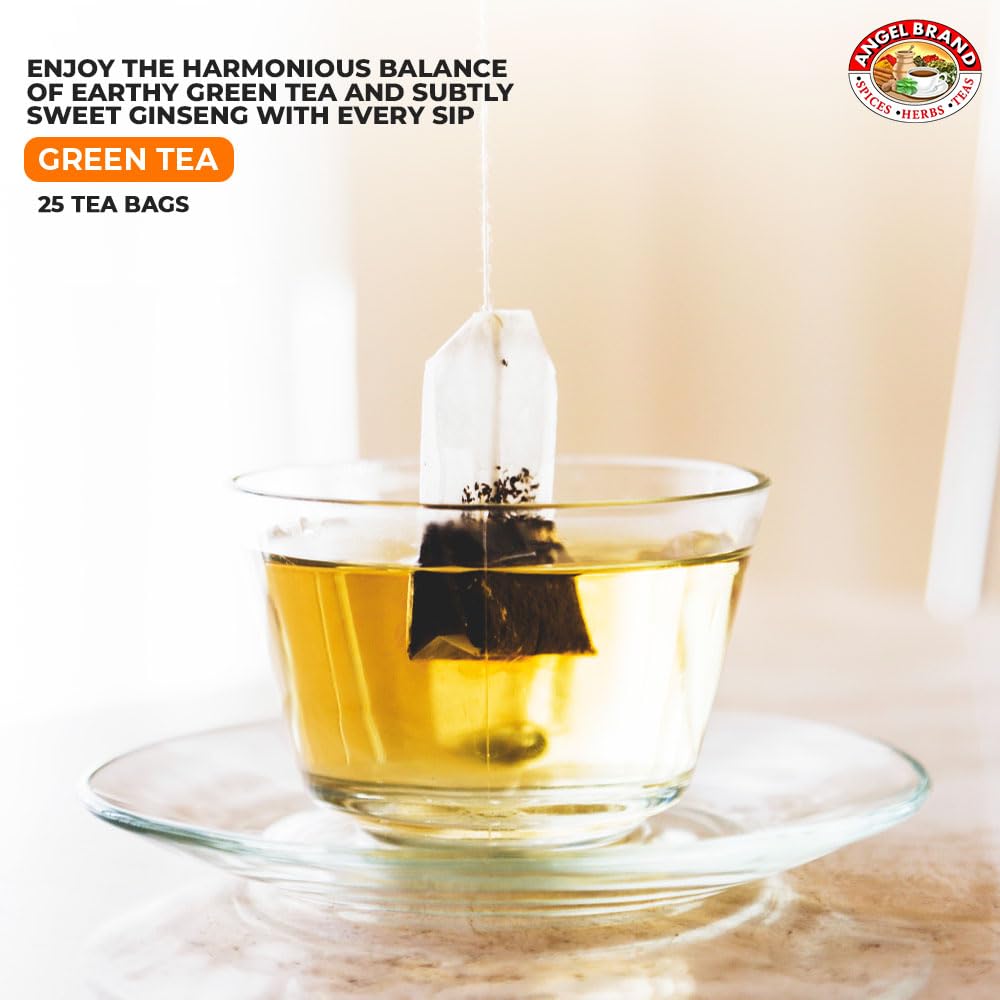 Angel Brand Green Tea with Ginseng Tea Bags 25 – Energizing & Rich Herbal Blend Created From Camellia Sinensis Plant Leaves & Ginseng Root - Enjoy Balanced Flavor & Rich Nutrients With Health Benefits