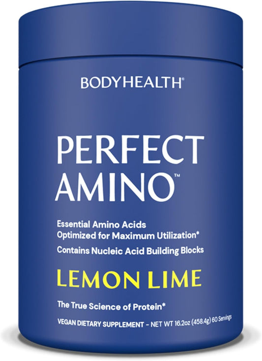 BodyHealth PerfectAmino Powder - BCAA and EAA Powder for Pre and Post Workout - Amino Acid Energy Drink for Men and Women to Support Lean Muscle and Recovery - Lemon Lime - 60 Servings