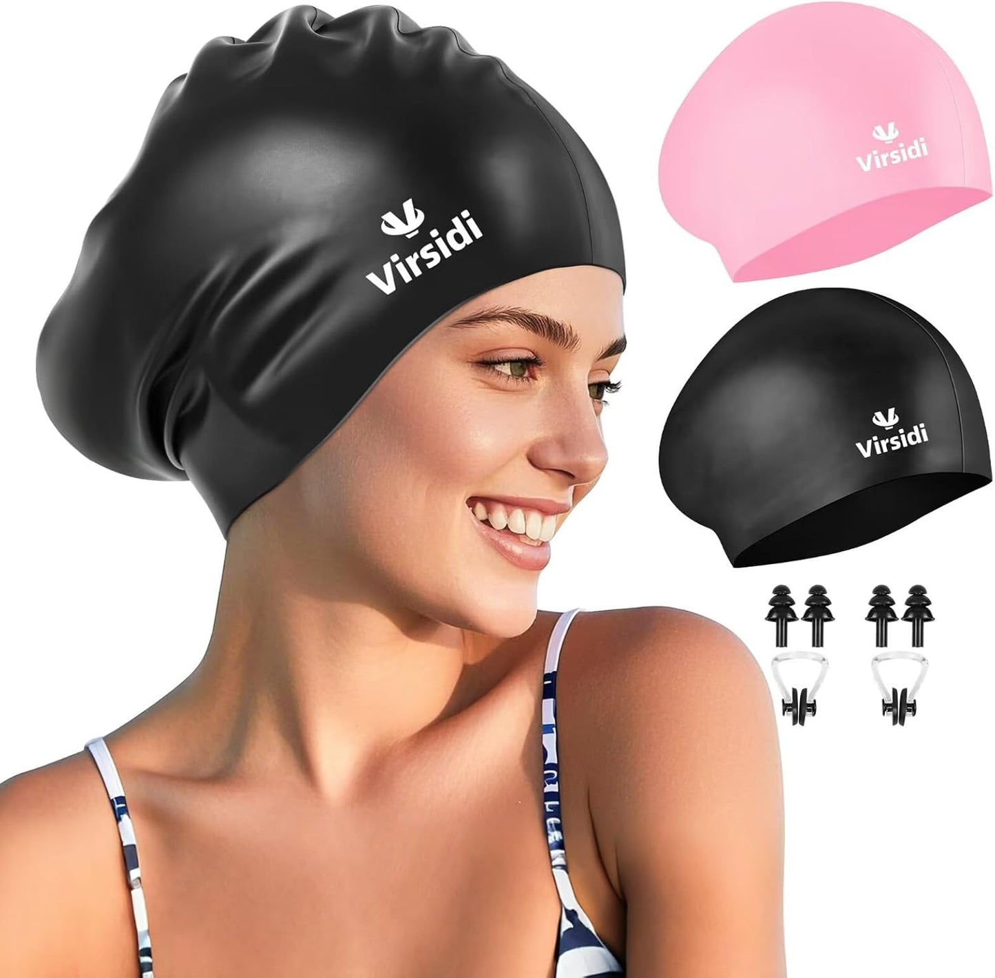2 Pack Large Swim Caps for Long Hair, Silicone Swimming Cap for Adult Women Men, Waterproof Swim Hats Bathing Caps to Keep Hair Dry with Bonus Nose Clip and Earplugs