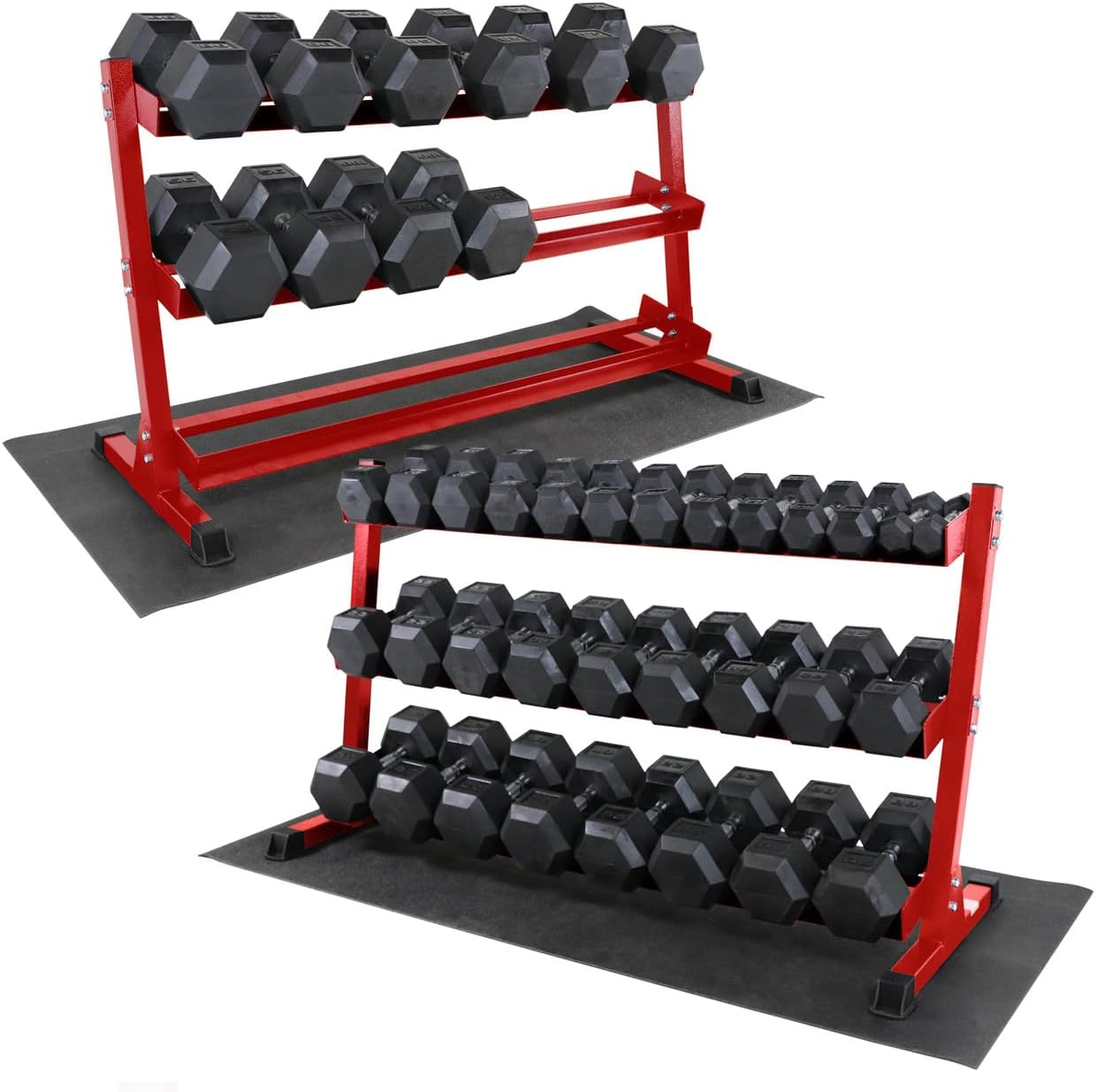 WF Athletic Supply Rubber Coated Hex Dumbbell Set, Multiple Choices Available - Dumbbells with Rack Stand and Mat, or Dumbbells Only (200/550/1200/2100/3000 LB)