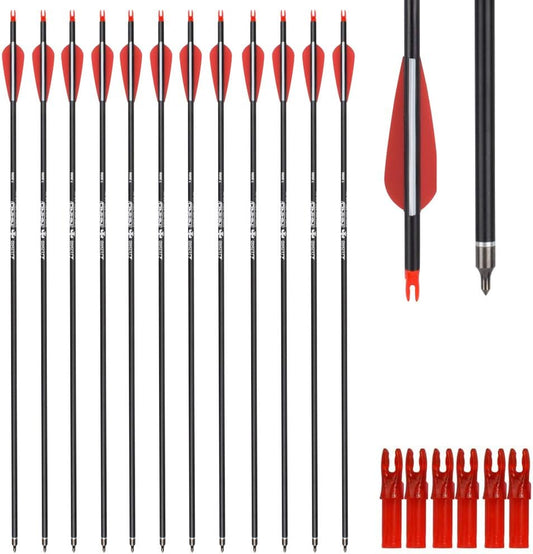 YLS Archery 26/28/30Inch Carbon Arrow Practice Hunting Arrows with100 Grain Removable Tips for Compound & Recurve Bow(Pack of 12)