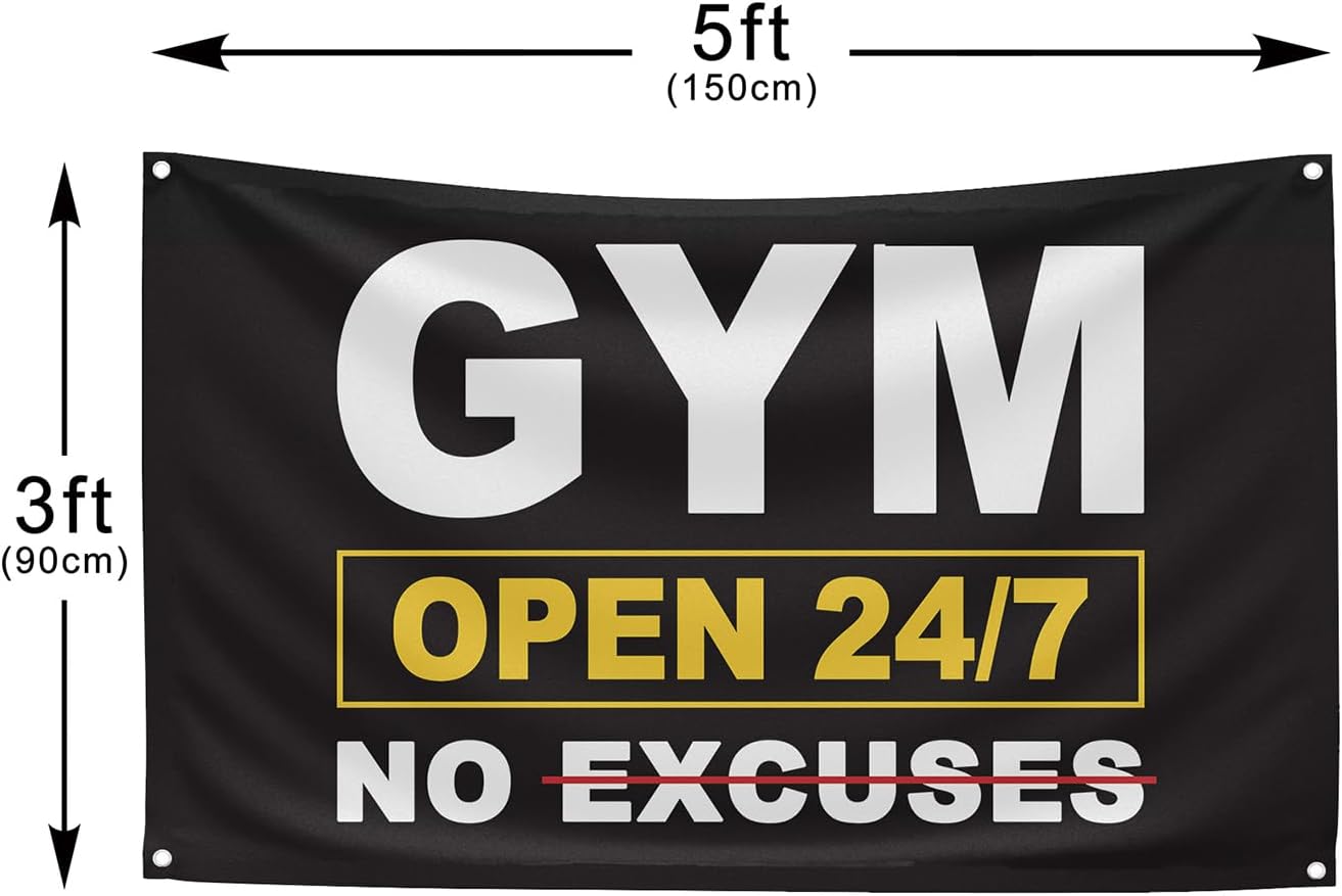 GYM OPEN 24/7 INDOOR NO EXCUSES Motivational Gym Banner, 3x5 Ft Single-sided Printing Inspirational Wall Decor Flag, Perfect Motivational Wall Decor, Keep Motivated and Passion with Gym Flag
