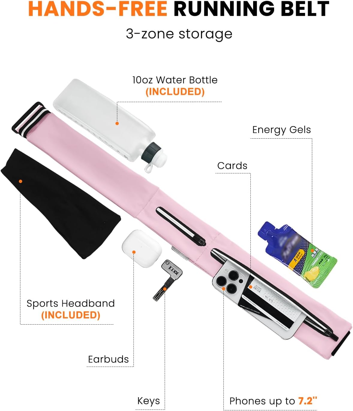 Running Belt for Women and Men, Adjustable Fanny Packs No Bounce Phone Holder for Running with Water Bottle & Headband, Waterproof Reflective Waist Packs for Runner Fits All Phones (M-Pink)