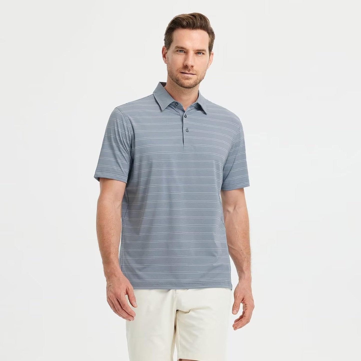 M MAELREG Golf Shirts for Men Moisture Wicking Striped Polo Performance Dry Fit Business Sports Mens Polo Shirts Short Sleeve