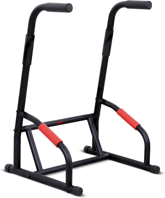 Sunny Health & Fitness Power Tower, Dip Bar, Push-Up & Pull Up Assisting Parallette Station w Optional Rock Climbing Grip Trainer