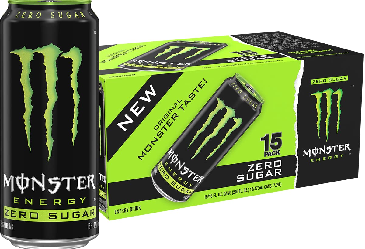 Monster Energy Zero Sugar, Green, Original, Low Calorie Energy Drink, 16 ounce (Pack of 15)