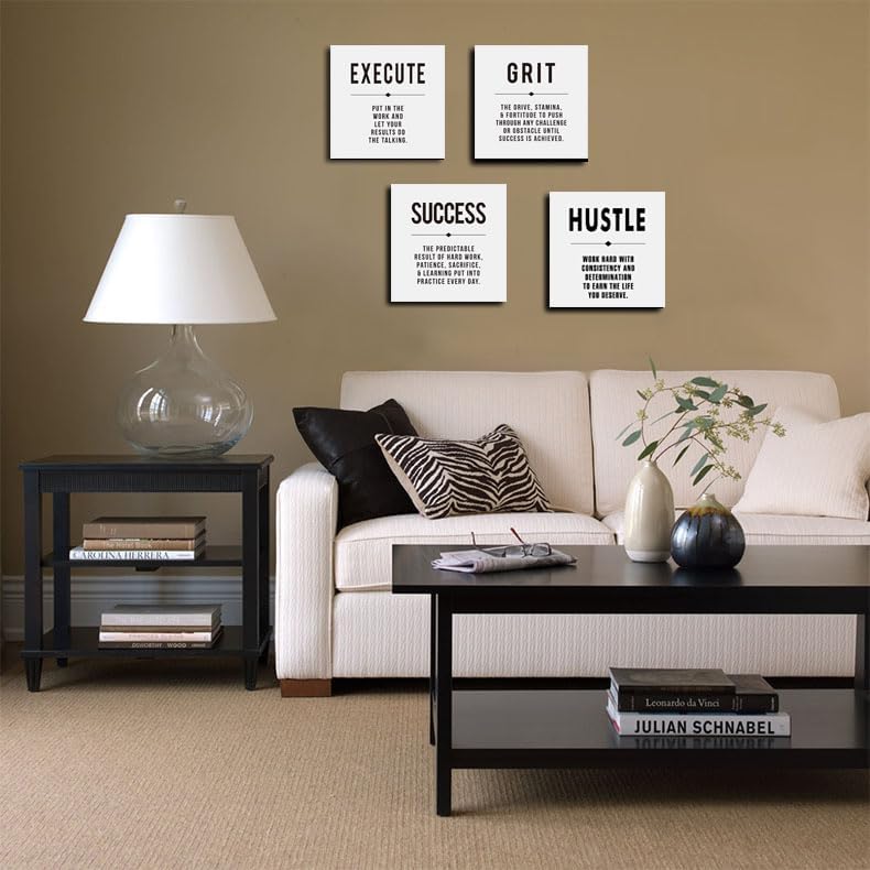 Motivational Grit Success Execute Hustle White Quotes Canvas Wall Art -Inspirational Wall Art Poster Canvas Artwork Picture Print Framed for Home Bedroom-16 x16in x4pcs