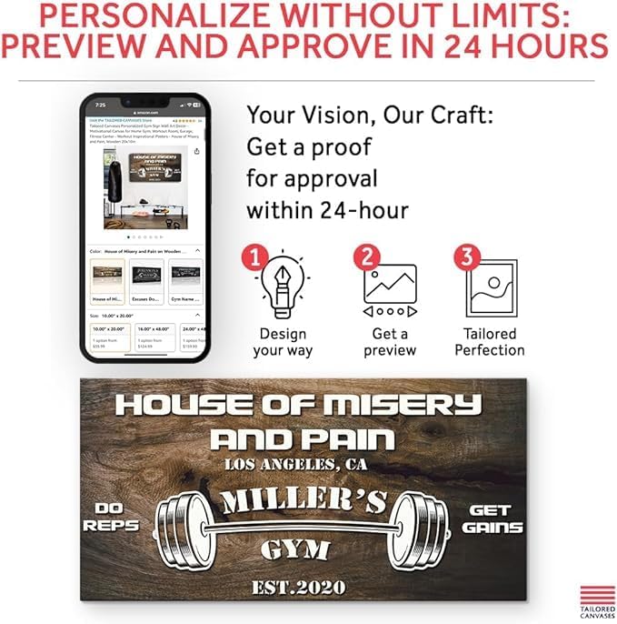 Tailored Canvases Personalized Gym Sign Wall Art Decor - Motivational Canvas for Home Gym, Workout Room, Garage, Fitness Center - Workout Inspirational Posters - House of Misery and Pain, Wooden 60x30in