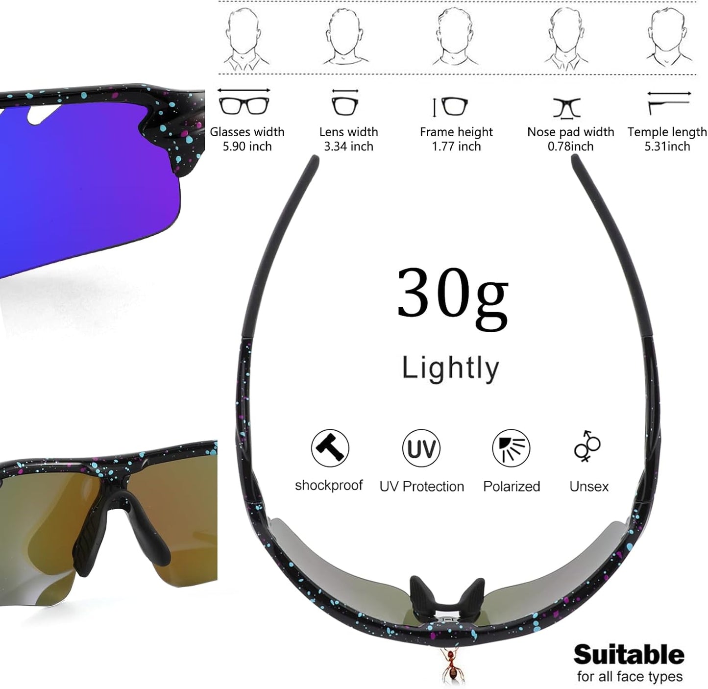 BangLong Polarized Sports Sunglasses Cycling Sun Glasses for Men Women with 5 Interchangeable Lenes for Running Baseball Golf