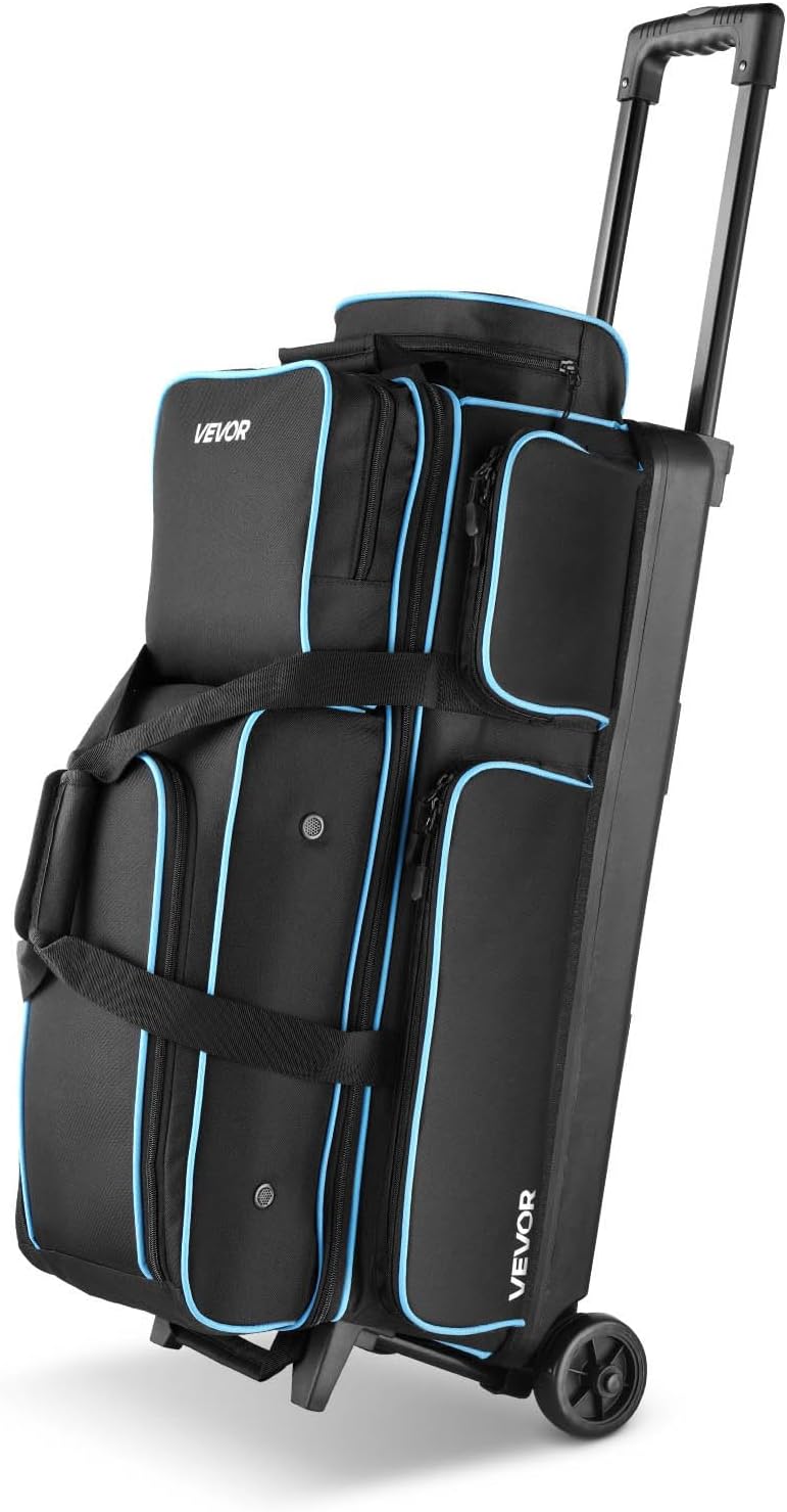 VEVOR Bowling Ball Bag, 3 Ball Double Roller Bowling Bag with Wheels, Featuring a Separate Compartment for Shoes (Up To US Size 16) & Oversized Accessory Pocket, Retractable Handle Extends to 41.34 in