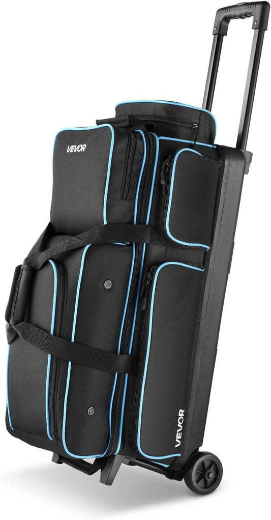 VEVOR Bowling Ball Bag, 3 Ball Double Roller Bowling Bag with Wheels, Featuring a Separate Compartment for Shoes (Up To US Size 16) & Oversized Accessory Pocket, Retractable Handle Extends to 41.34 in