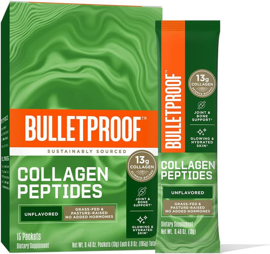 Bulletproof Unflavored Collagen Peptides Powder Packets, Pack of 15, Grass-Fed Collagen Protein and Amino Acids for Skin, Bone and Joint Support, Pasture Raised, No Added Hormones