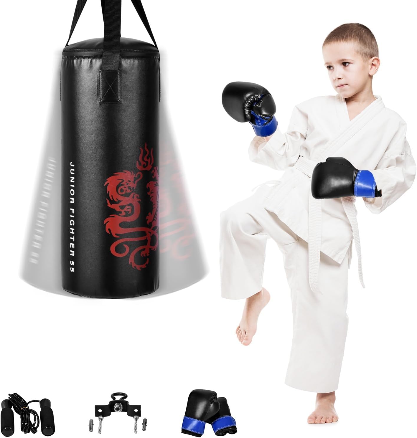 GYMAX Kids Punching Bag Set, Prefilled Junior Kick Boxing Bag Kit with Gloves & Jumping Rope, Heavy Duty Wall Mounted Punching Bag for Youth MMA, Martial Kungfu Thai Training