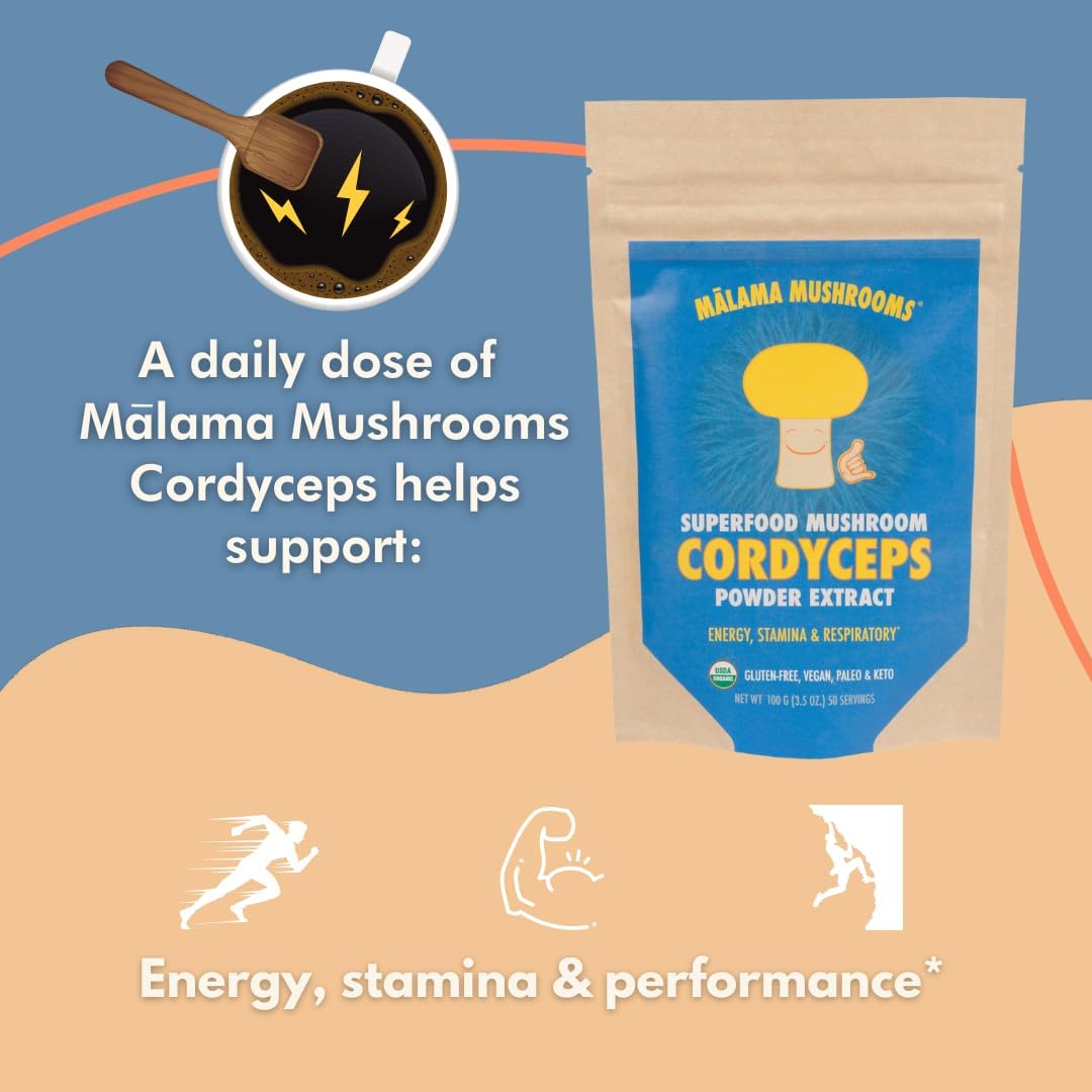 Cordyceps Extract Powder by Malama, Organic Fruiting Body Cordyceps Mushroom Powder, Superfood Adaptogenic, Supports Energy, Endurance & Mood, 100 Servings