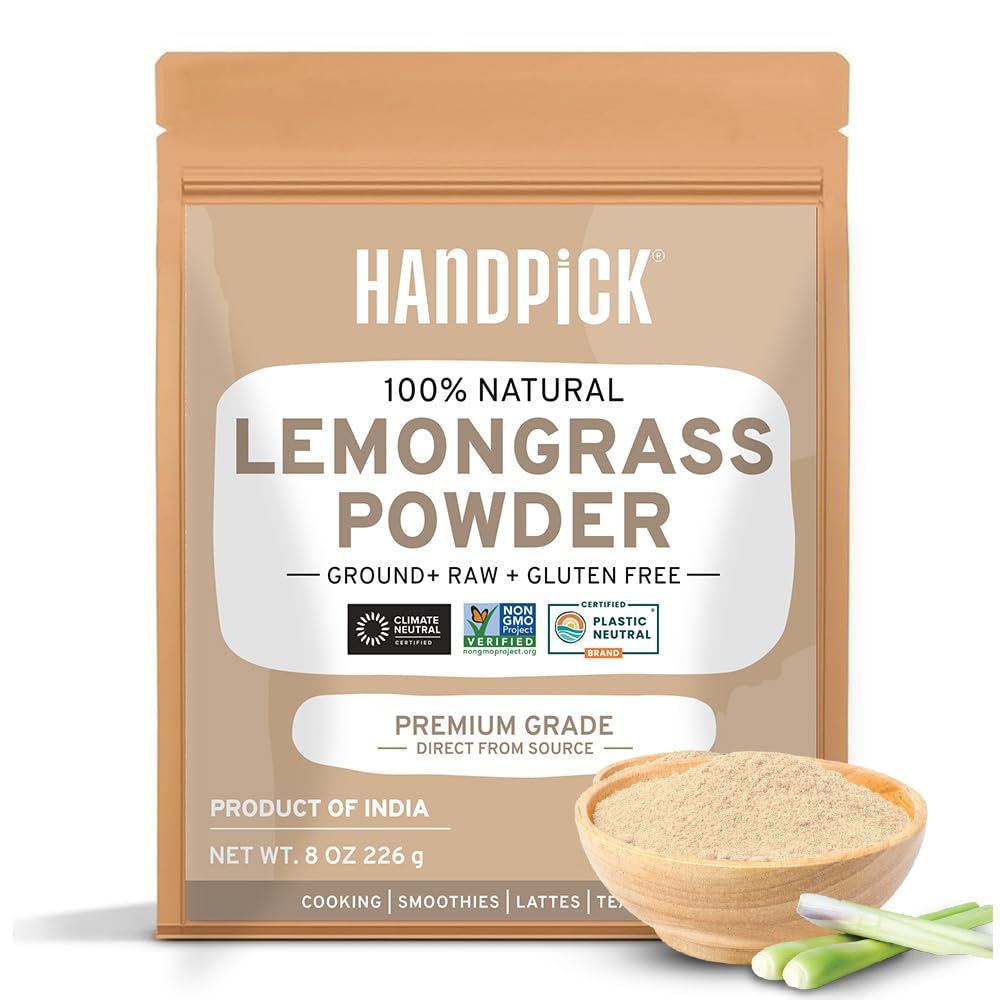 HANDPICK Lemongrass Powder (226g/8oz) Non GMO, Gluten Free, 100% Raw, Sourced from India, For Cooking, Smoothies, Tea, Packed in Resealable Ziplock Pouch